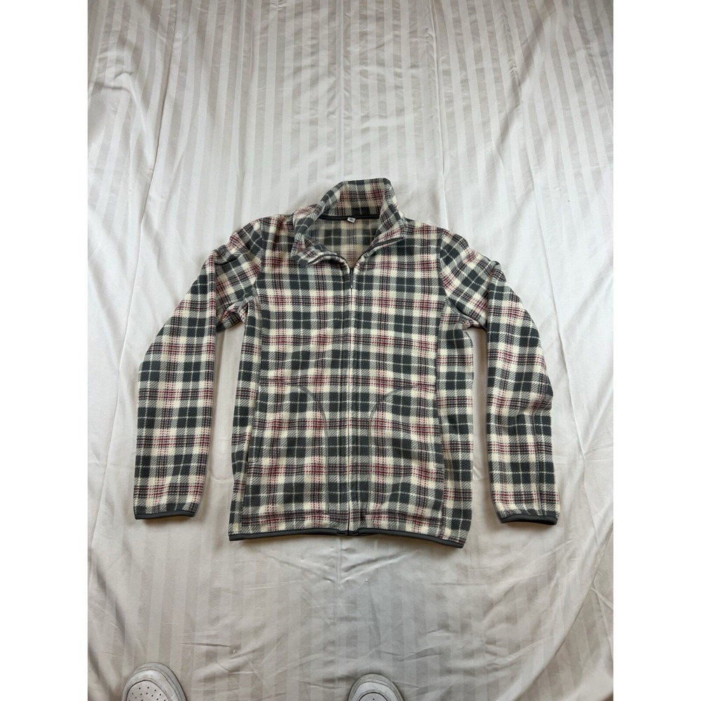 UNIQLO Fleece Jacket Zip Up White Grey Red Check Size M Medium Women's